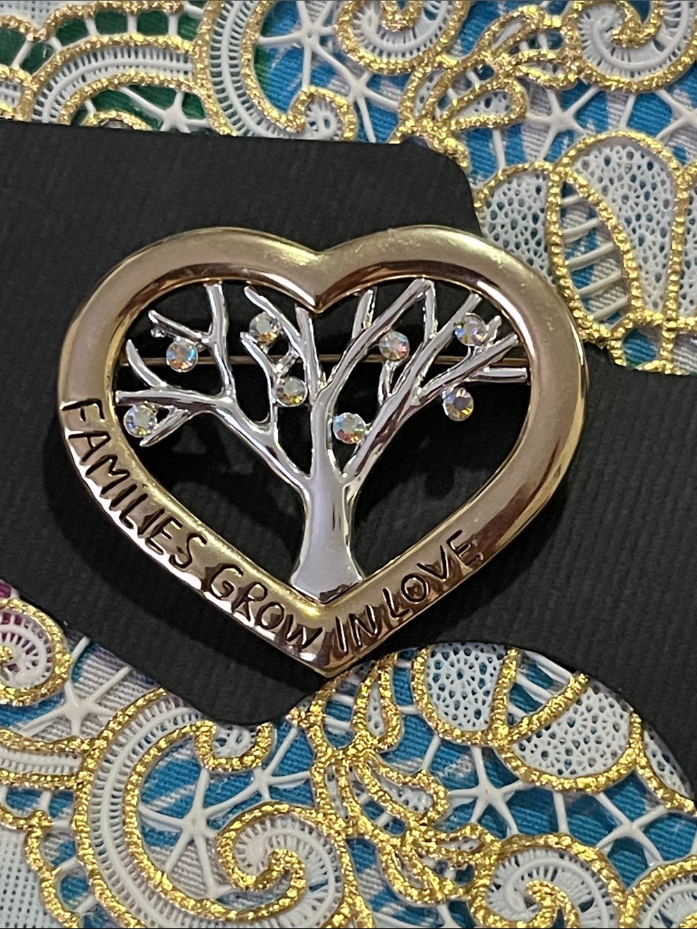 TC Gold and Silver Heart Tree Brooch with Clear Crystals